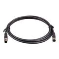 Black coiled M8 connector cable with metal connectors on each end against white background