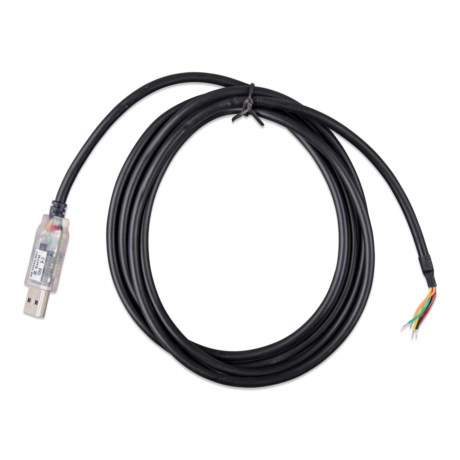 Black coiled USB to RS485 interface cable with transparent connector on one end and exposed colored wires on the other end.