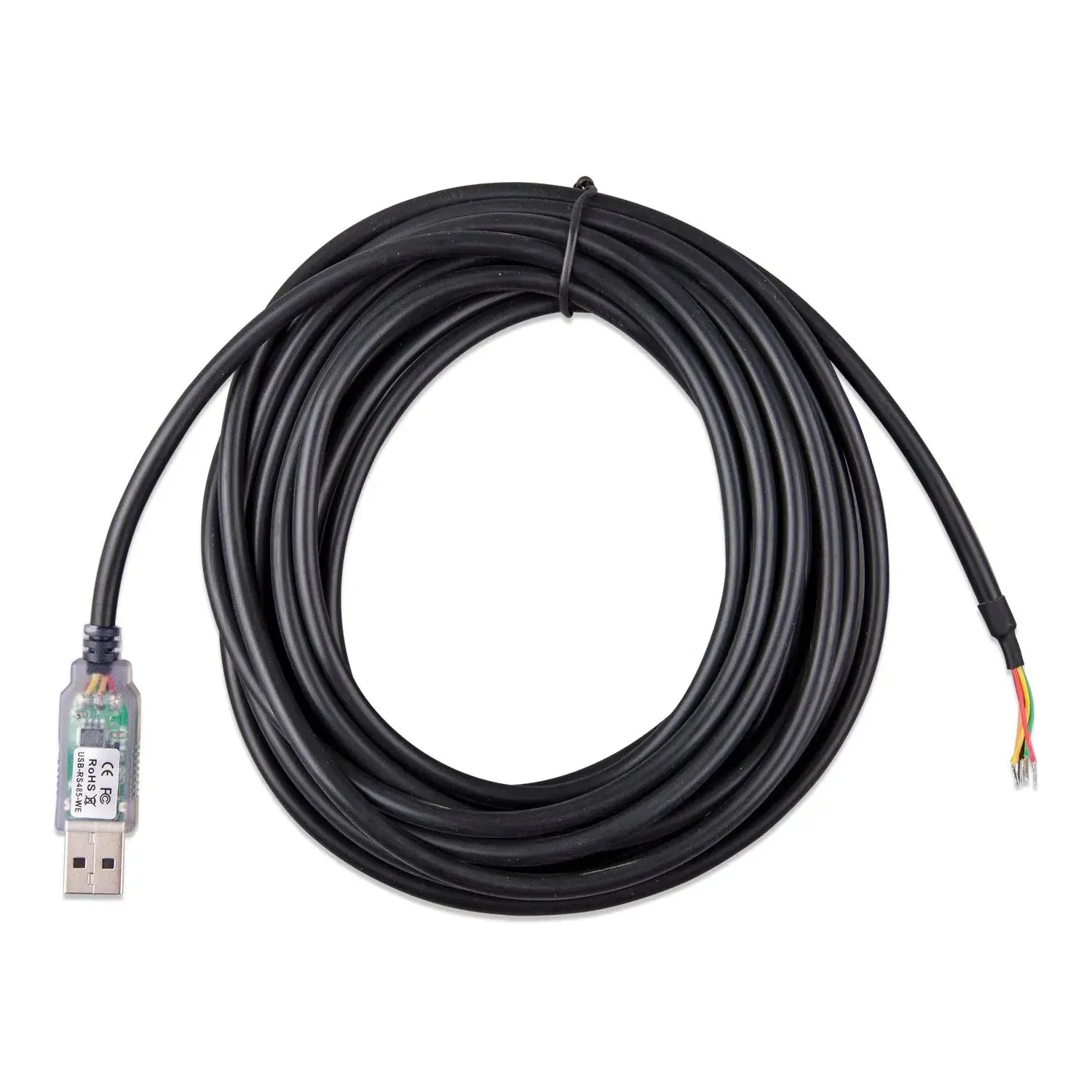 Black coiled USB cable with RS485 connector module and exposed wire terminals, product shot on white background
