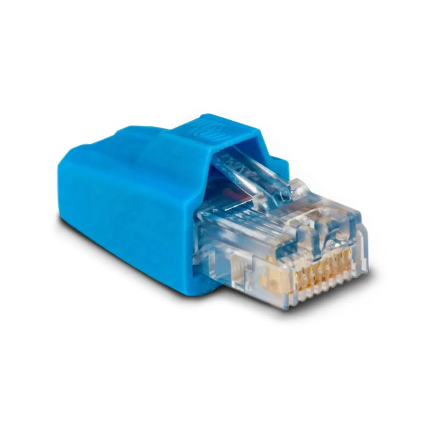Blue protective boot covering RJ45 network connector with visible gold contact pins.