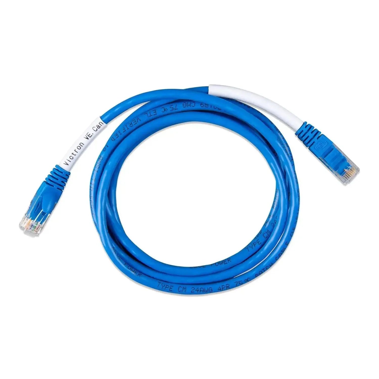 Blue Victron network cable coiled in a circle with RJ45 connectors on each end and white label stripe, product alone on white