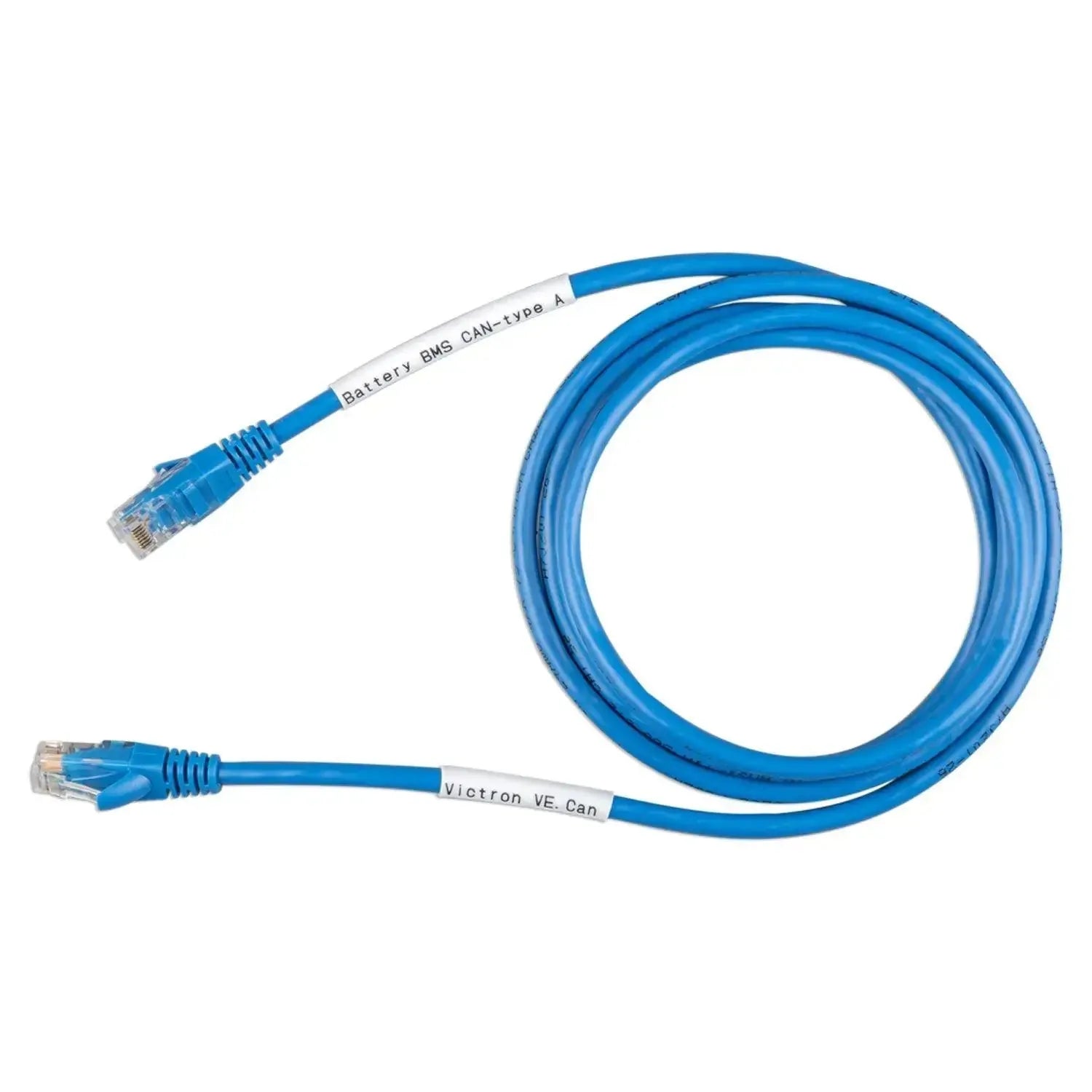 Blue CAN-bus cable coiled in a loop with RJ45 connectors at each end, labeled "Battery BMS CAN-type A" and "Victron VE.Can