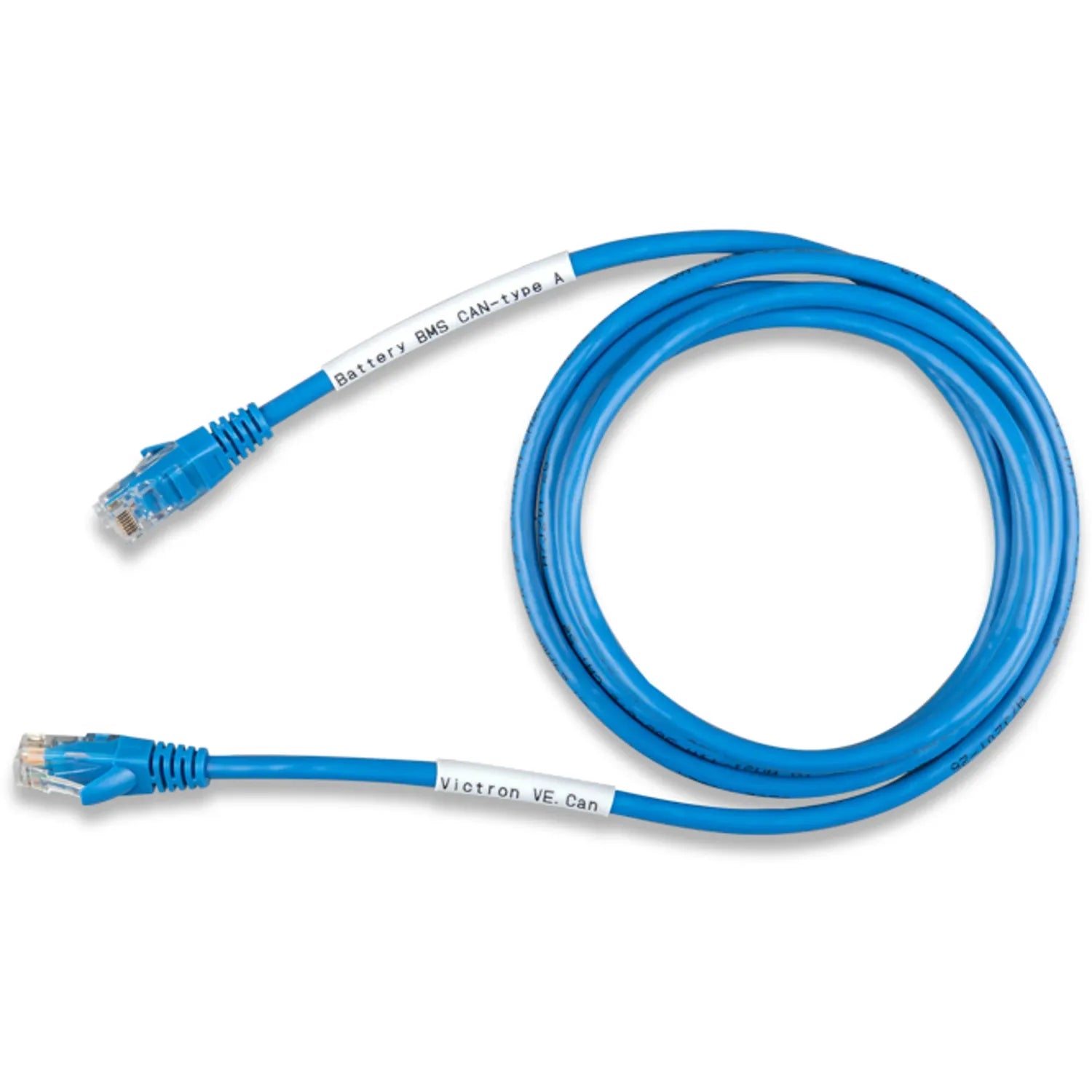 Blue VE.Can to CAN-bus BMS Type A cable coiled with labeled connectors at each end against white background.