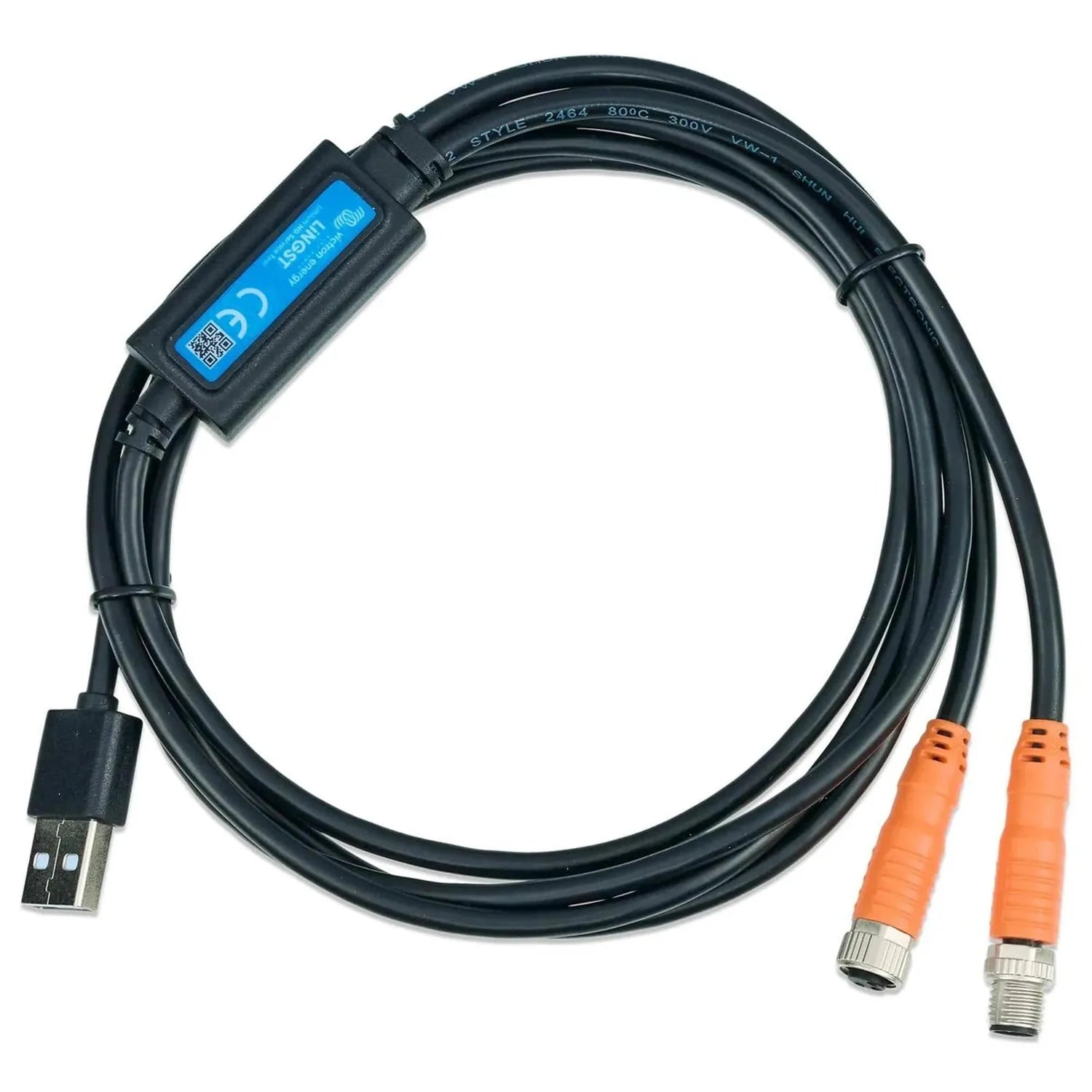 Victron Lithium NG Service Tool with USB-A connector and two orange M12 connectors coiled against white background.