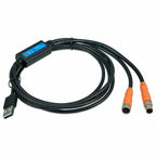Black USB cable with blue connector block and two orange-ended circular connectors coiled on white background.