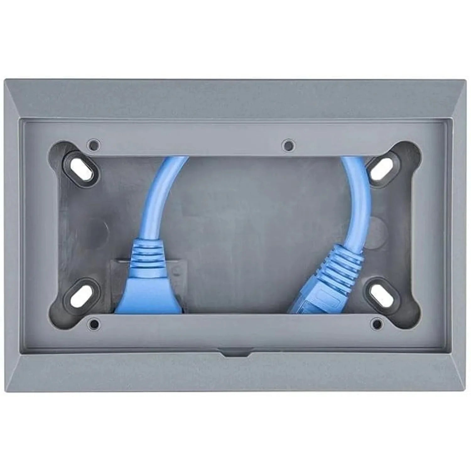 Gray wall-mounted enclosure with two blue network cables connected to ports on left and right sides, showing interior install