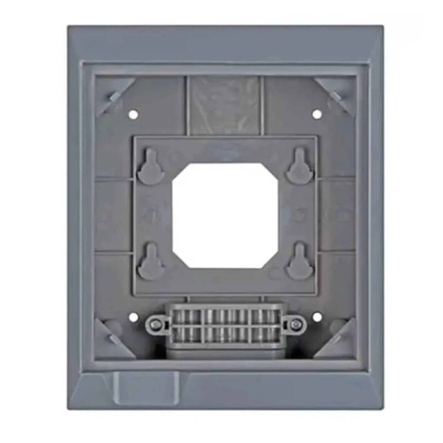 Gray wall-mounted enclosure backplate with central opening, mounting brackets, and cable grommet at bottom.