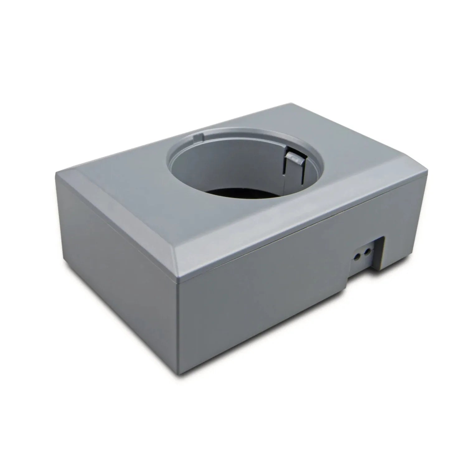 Gray wall-mounted enclosure with circular opening and small ventilation holes on side panel