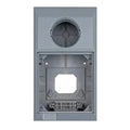 Gray wall-mounted enclosure with circular ventilation opening at top, blank outlet cutout in center, and terminal blocks at b