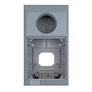Gray wall-mounted enclosure with circular ventilation opening at top, blank outlet cutout in center, and terminal blocks at b