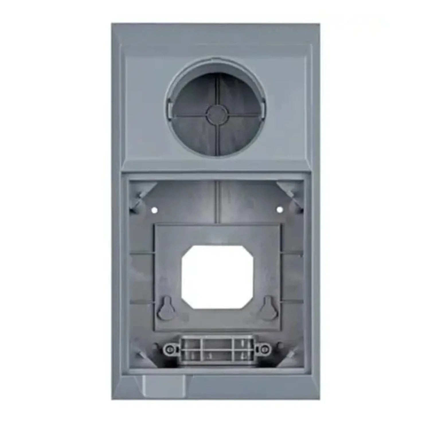 Gray wall-mounted enclosure with circular ventilation opening at top, blank outlet cutout in center, and terminal blocks at b