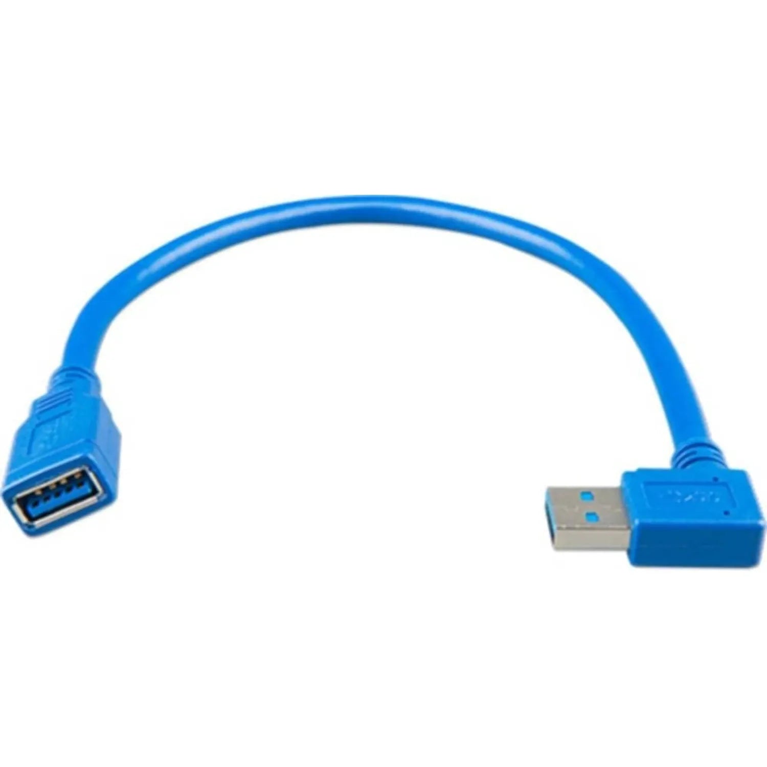 Blue USB 3.0 extension cable with right-angle connector on one end and straight connector on the other end against white back
