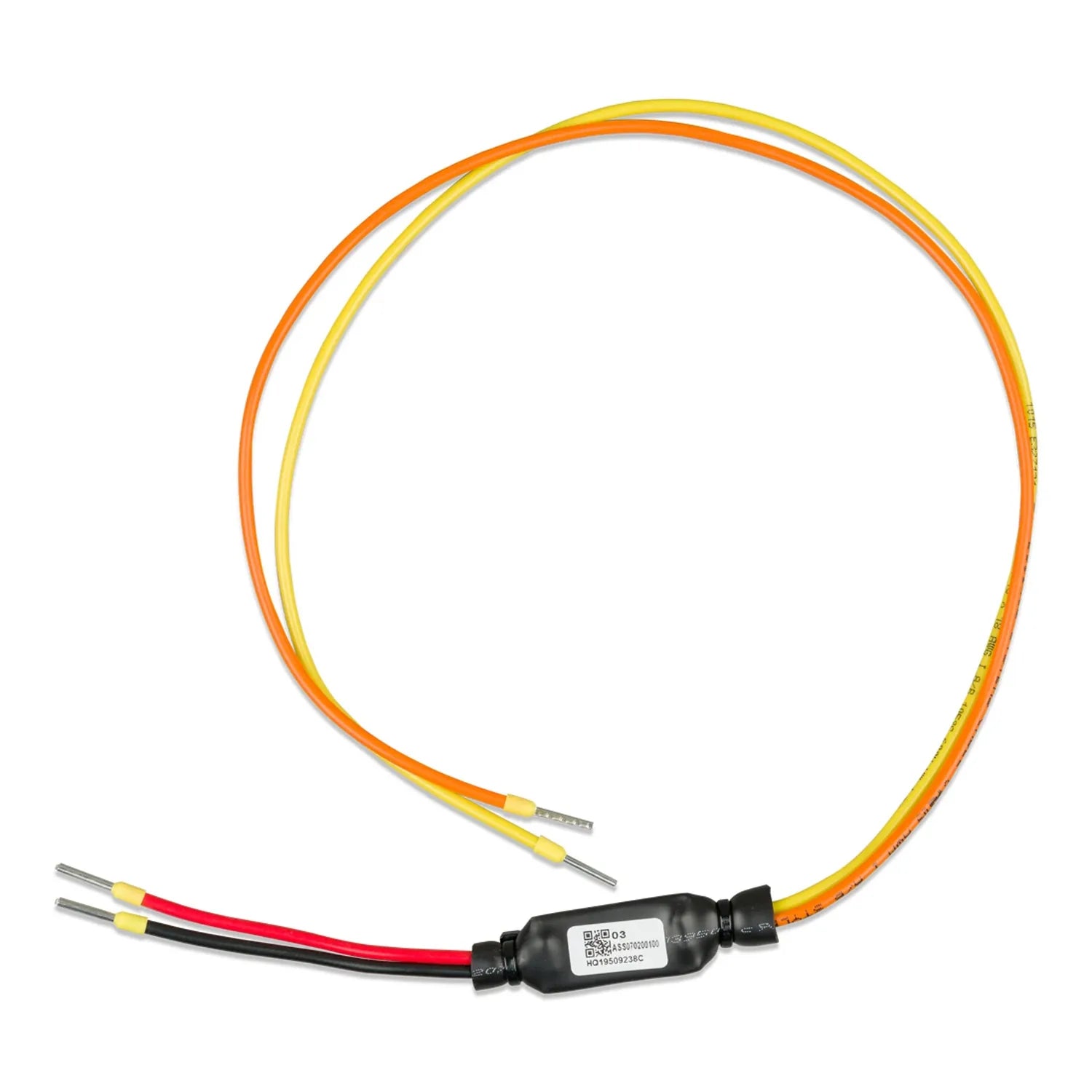 Yellow and orange circular cable with black connector block and red and black wire leads, product photo on white background.