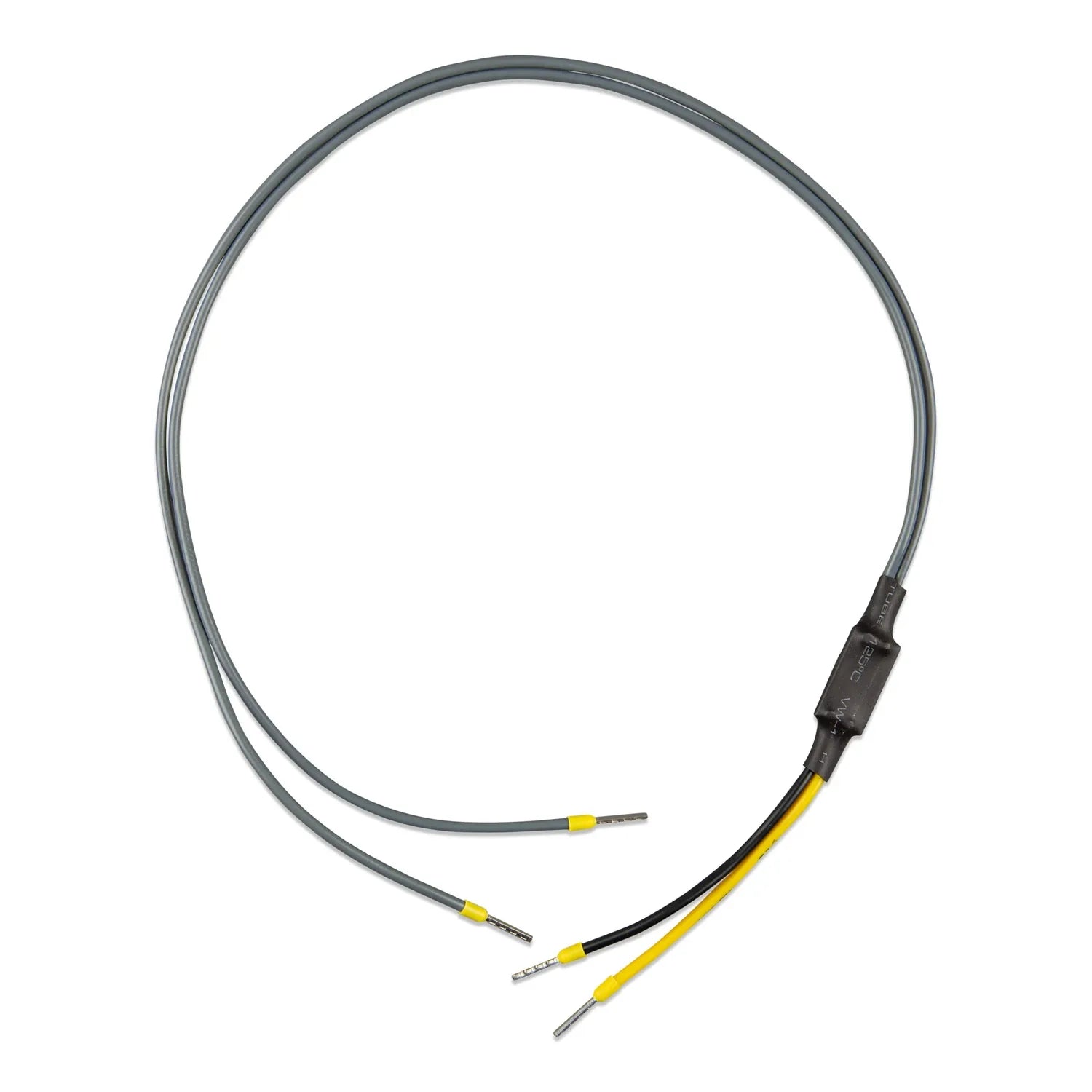 Victron Orion-Tr remote cable with gray sheathed wires, black connector block, and yellow and black wire ends against white b