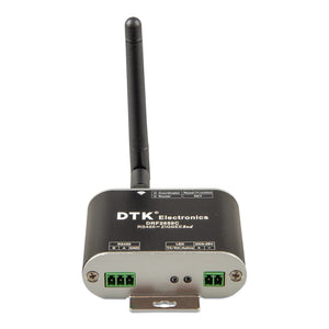 DTK Electronics DRF2659C Zigbee RS485 converter with antenna, green terminal blocks, and status indicators on white base.