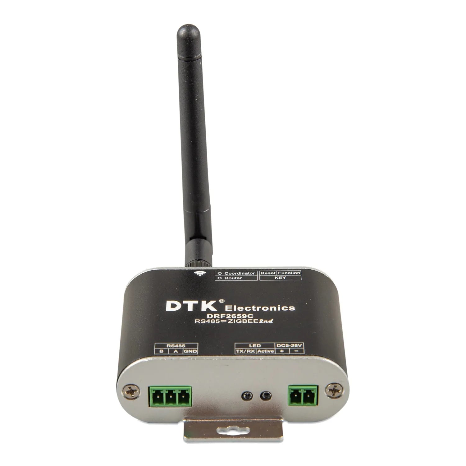 DTK Electronics DRF2659C Zigbee RS485 converter with antenna, green terminal blocks, and status indicators on white base.