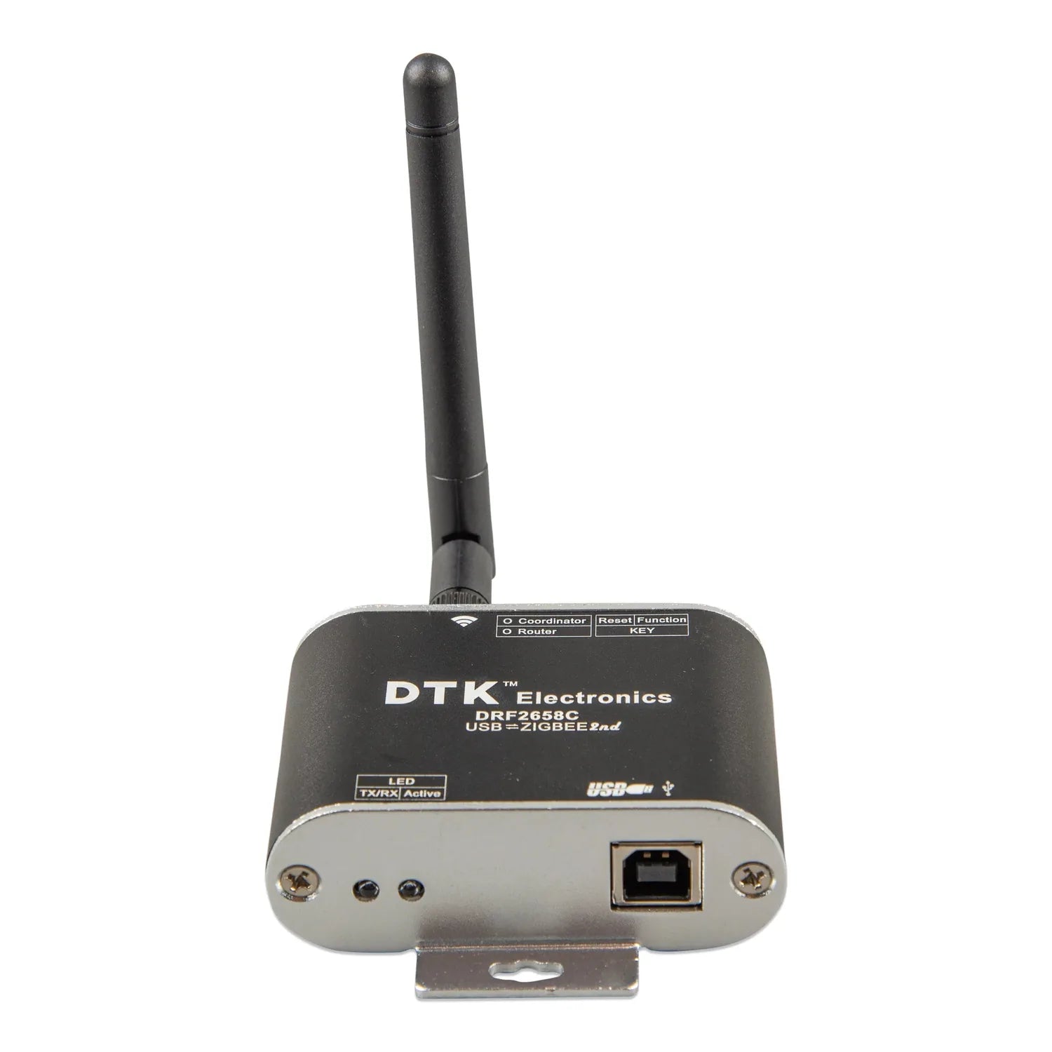DTK Electronics wireless USB converter with external antenna, front view showing USB port and indicator lights.