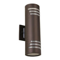 Dark brown cylindrical wall sconce with horizontal frosted glass bands and black mounting bracket, product shot on white back