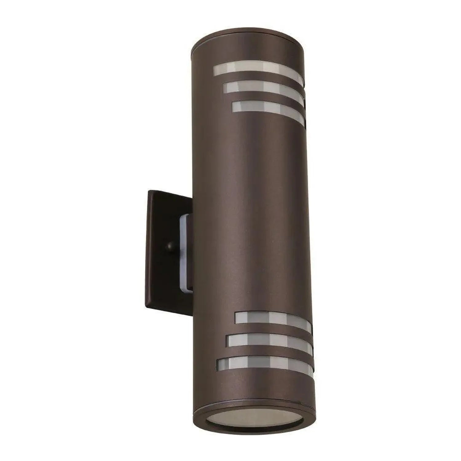 Dark brown cylindrical wall sconce with horizontal frosted glass bands and black mounting bracket, product shot on white back
