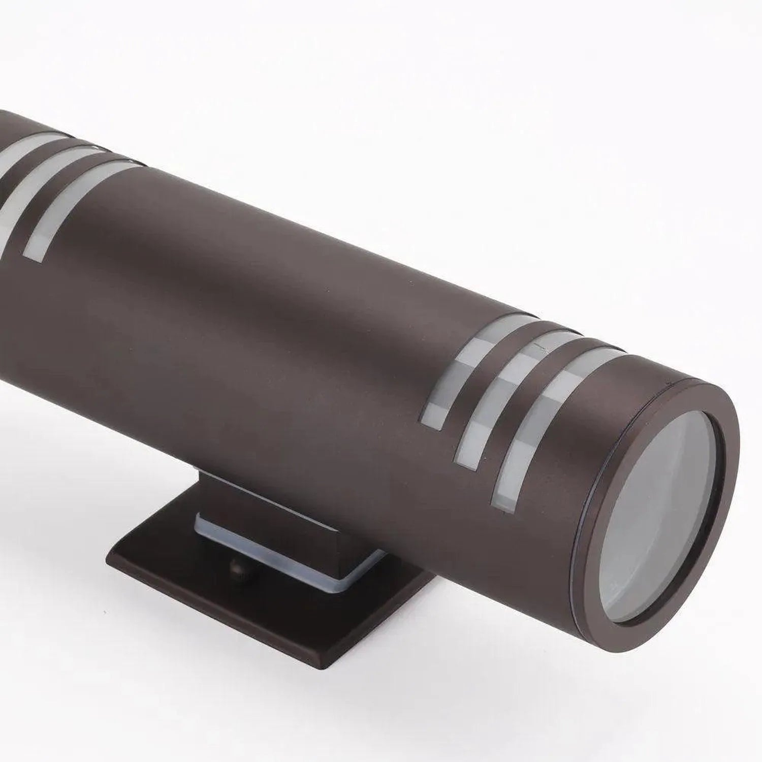 Dark brown cylindrical wall light with silver bands and black mounting bracket, shown at an angle against white background.