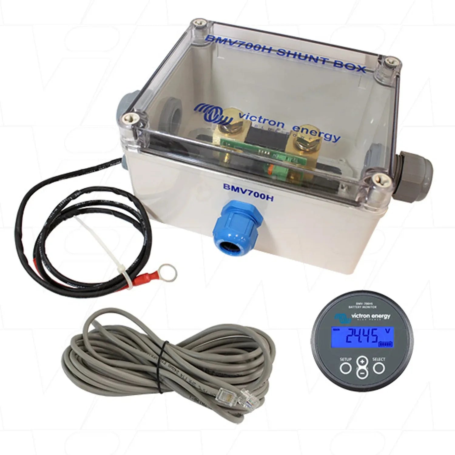 Victron BMV-700H battery monitor system with shunt box, digital display showing 24.45 volts, cables, and connectors against w