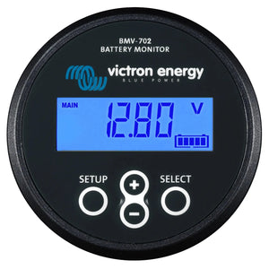 Victron Energy BMV-702 Battery Monitor with blue LCD display showing 12.89 volts, three control buttons, and battery level in