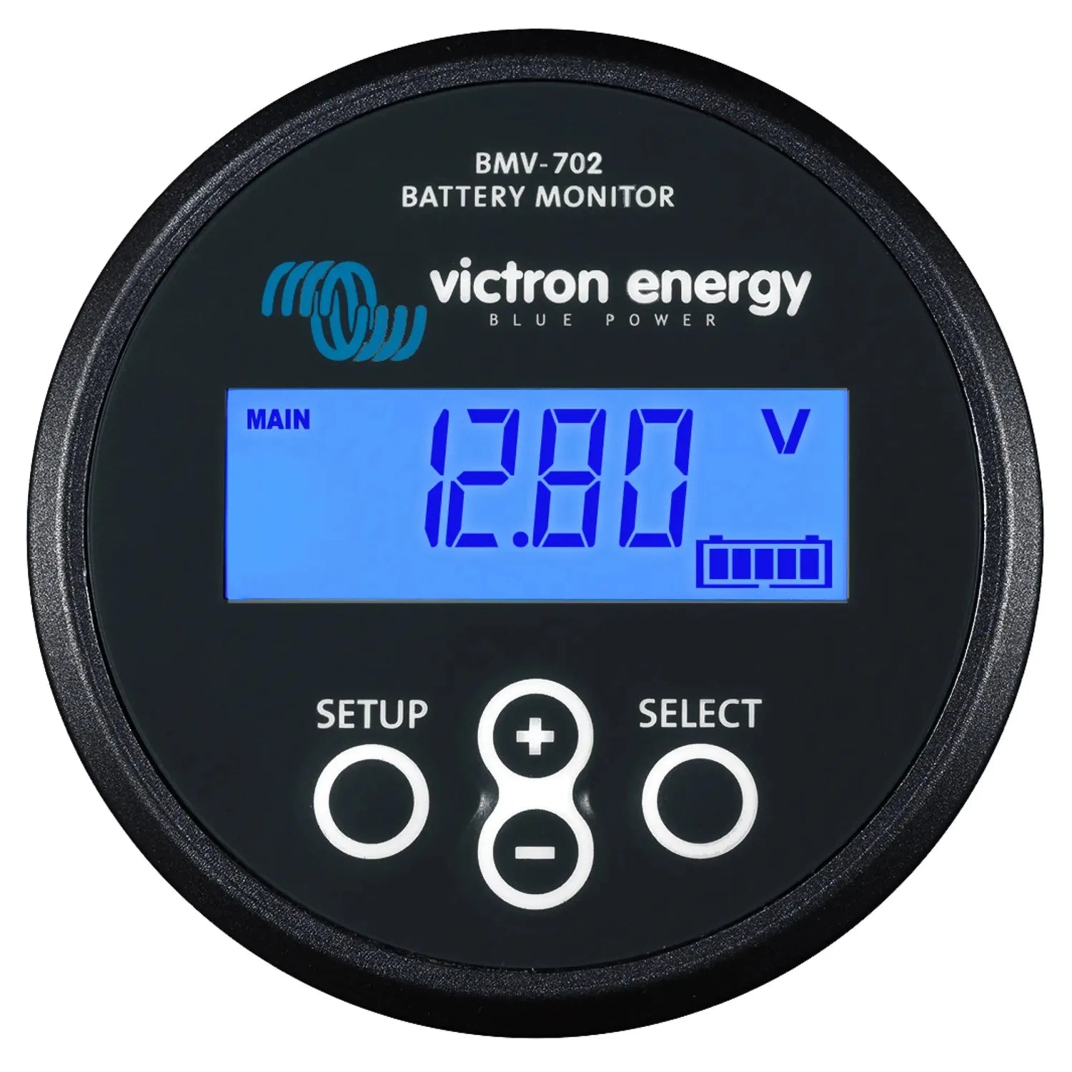 Victron Energy BMV-702 Battery Monitor with blue LCD display showing 12.89 volts, three control buttons, and battery level in