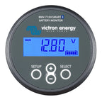 Victron Energy BMV-710H Smart Battery Monitor displaying 12.87V on blue LCD screen with battery level indicator and three con