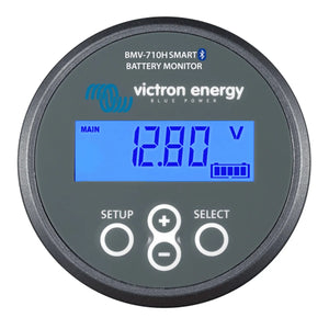 Victron Energy BMV-710H Smart Battery Monitor displaying 12.87V on blue LCD screen with battery level indicator and three con