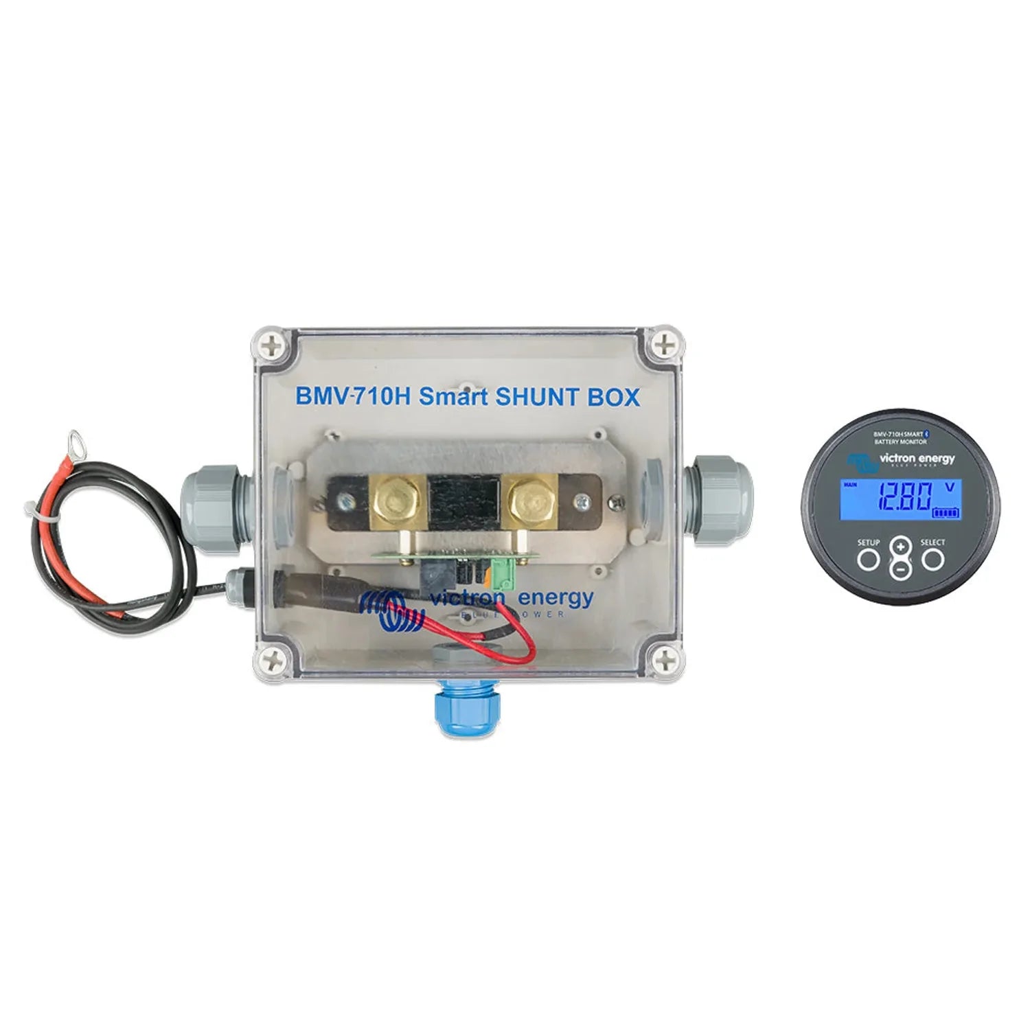 BMV-710H Smart Shunt Box by Victron Energy with separate digital battery monitor displaying 12.80V, shown as product componen