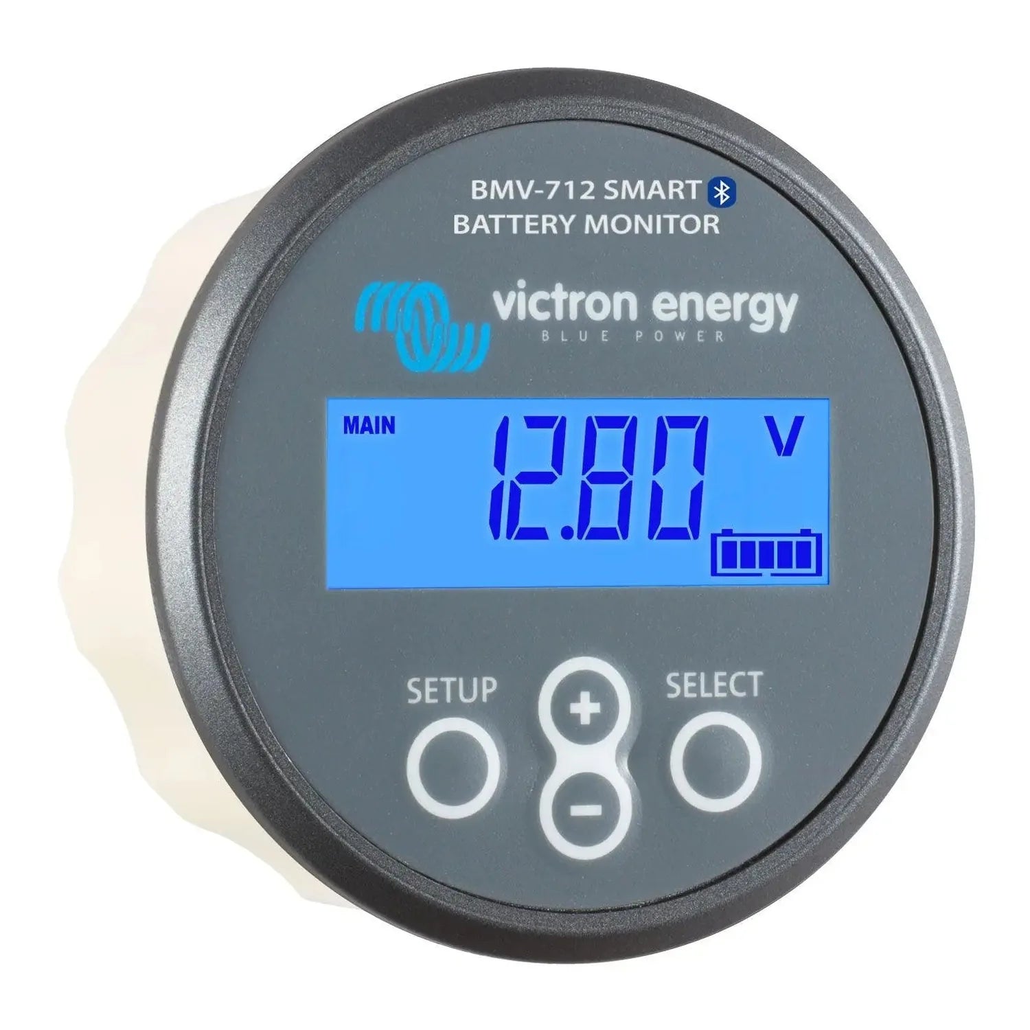 Victron Energy BMV-712 Smart Battery Monitor displaying 12.90V on blue LCD screen with battery indicator, three control butto