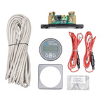 Victron BMV-712 battery monitor kit components laid out: display unit, shunt, cables, connectors, and installation hardware.