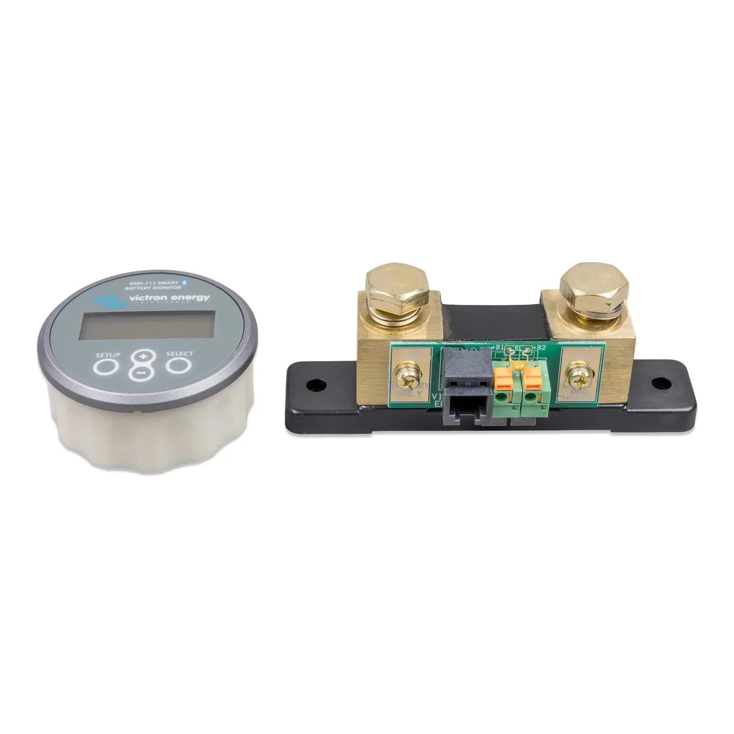 Victron BMV-712 battery monitor display unit and brass shunt component with circuit board, shown separately on white backgrou