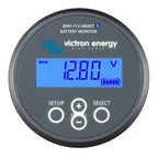 Victron Energy BMV-712 Smart Battery Monitor displaying 12.37V on blue LCD screen with battery indicator and three control bu