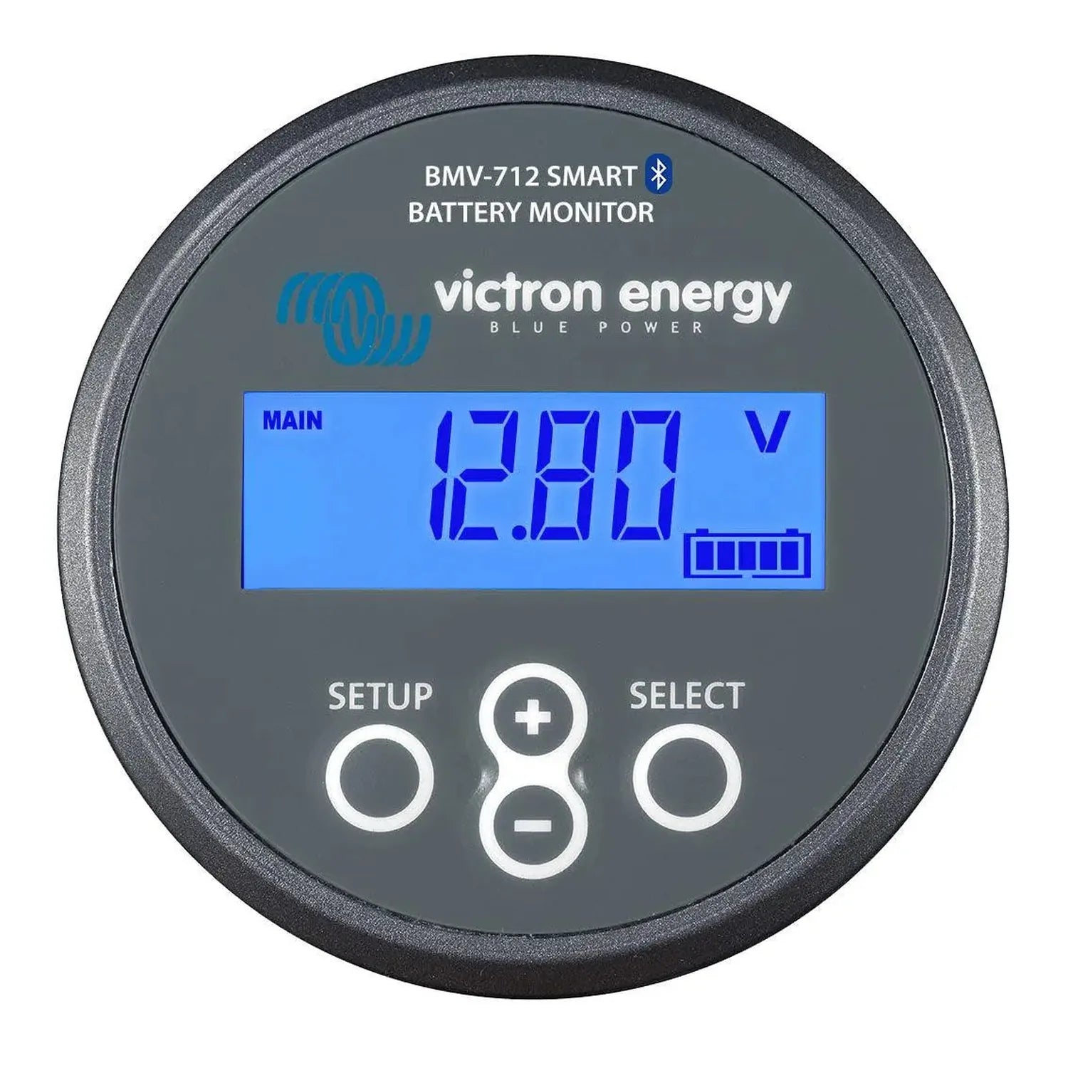 Victron Energy BMV-712 Smart Battery Monitor displaying 12.37V on blue LCD screen with battery indicator and three control bu