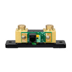 Victron BMV-712 battery monitor shunt viewed from above, showing brass terminals, green circuit board, and black base.