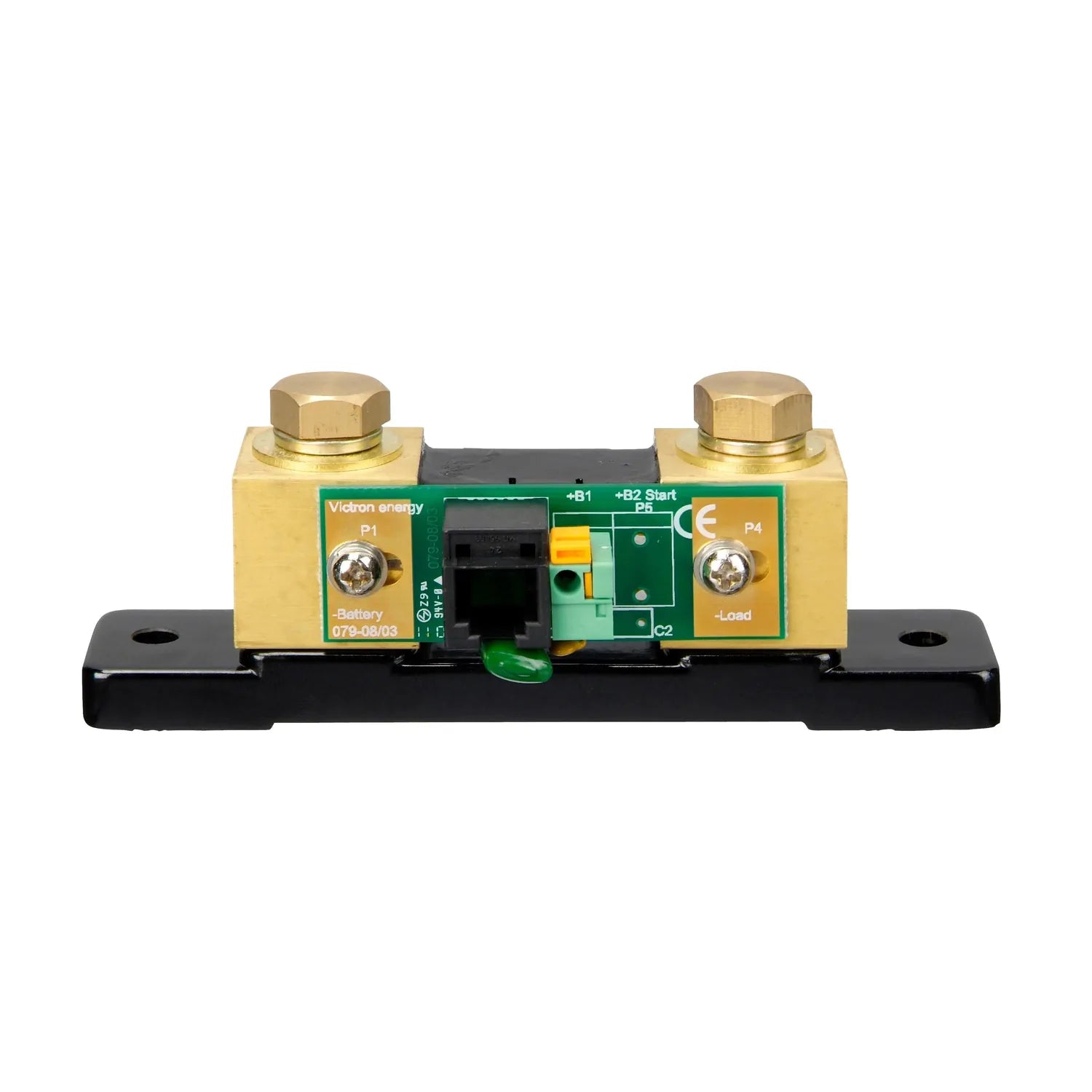 Victron BMV-712 battery monitor shunt viewed from above, showing brass terminals, green circuit board, and black base.