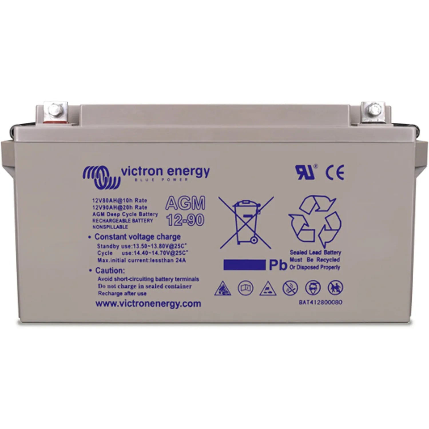 Victron Energy 12V 90 AGM deep cycle rechargeable battery with terminals and safety labels on gray casing.