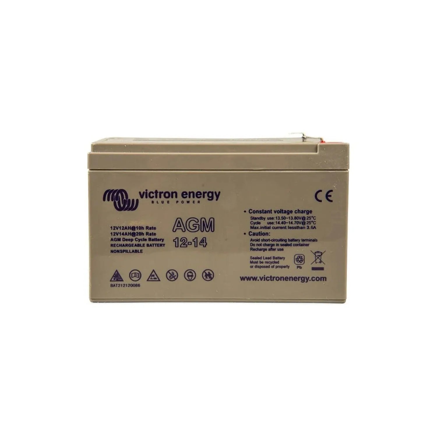 Victron Energy AGM 12-14 deep cycle rechargeable battery, beige rectangular unit with specifications and safety icons printed