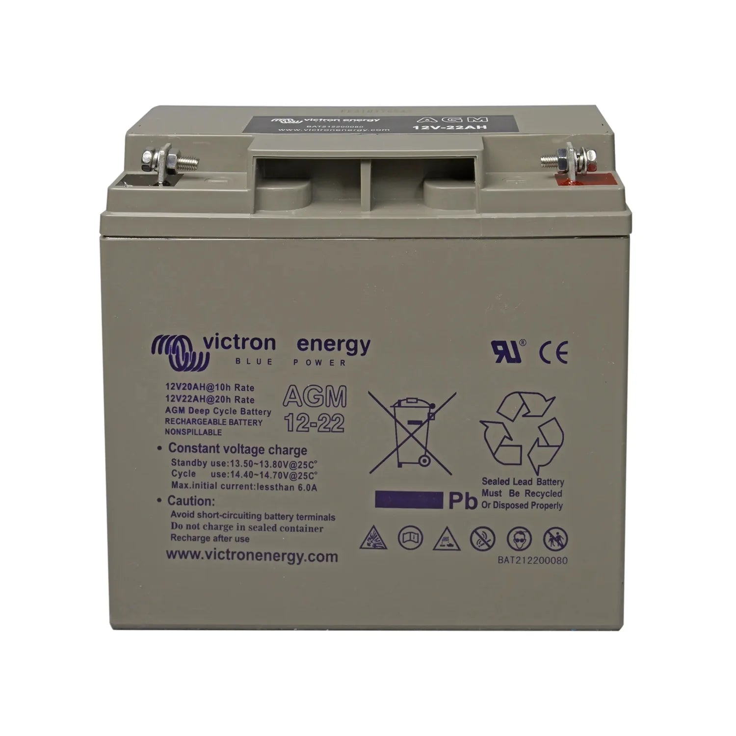 Victron Energy 12V 22Ah AGM deep cycle rechargeable battery with terminal connectors and recycling label visible.