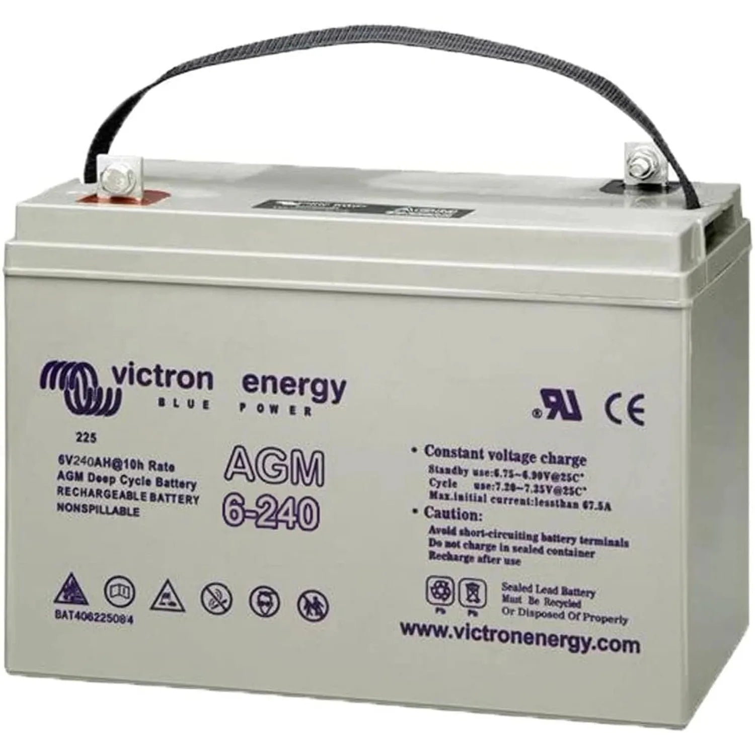 Victron Energy 6V 240Ah AGM deep cycle rechargeable battery with gray casing and carrying handle.