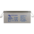 Victron Energy AGM 12-230 rechargeable battery with gray case and white carrying handles, front label view.