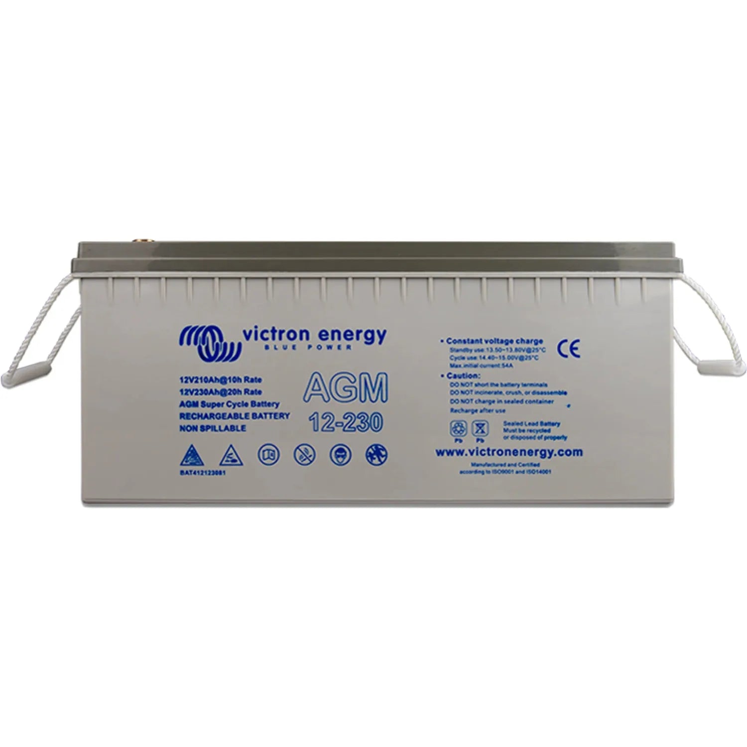 Victron Energy AGM 12-230 rechargeable battery with gray case and white carrying handles, front label view.