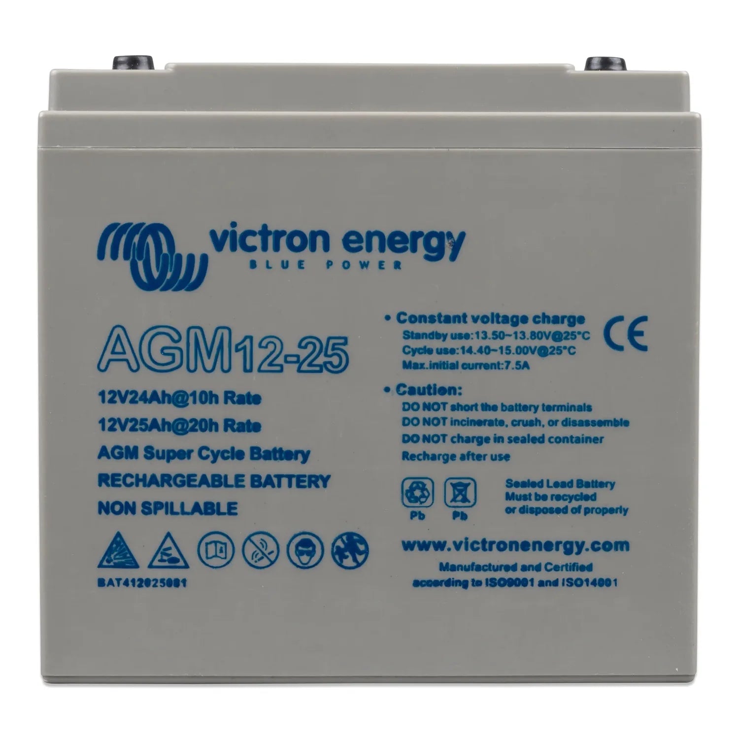 Victron Energy AGM12-25 rechargeable battery front label showing specifications and safety warnings.
