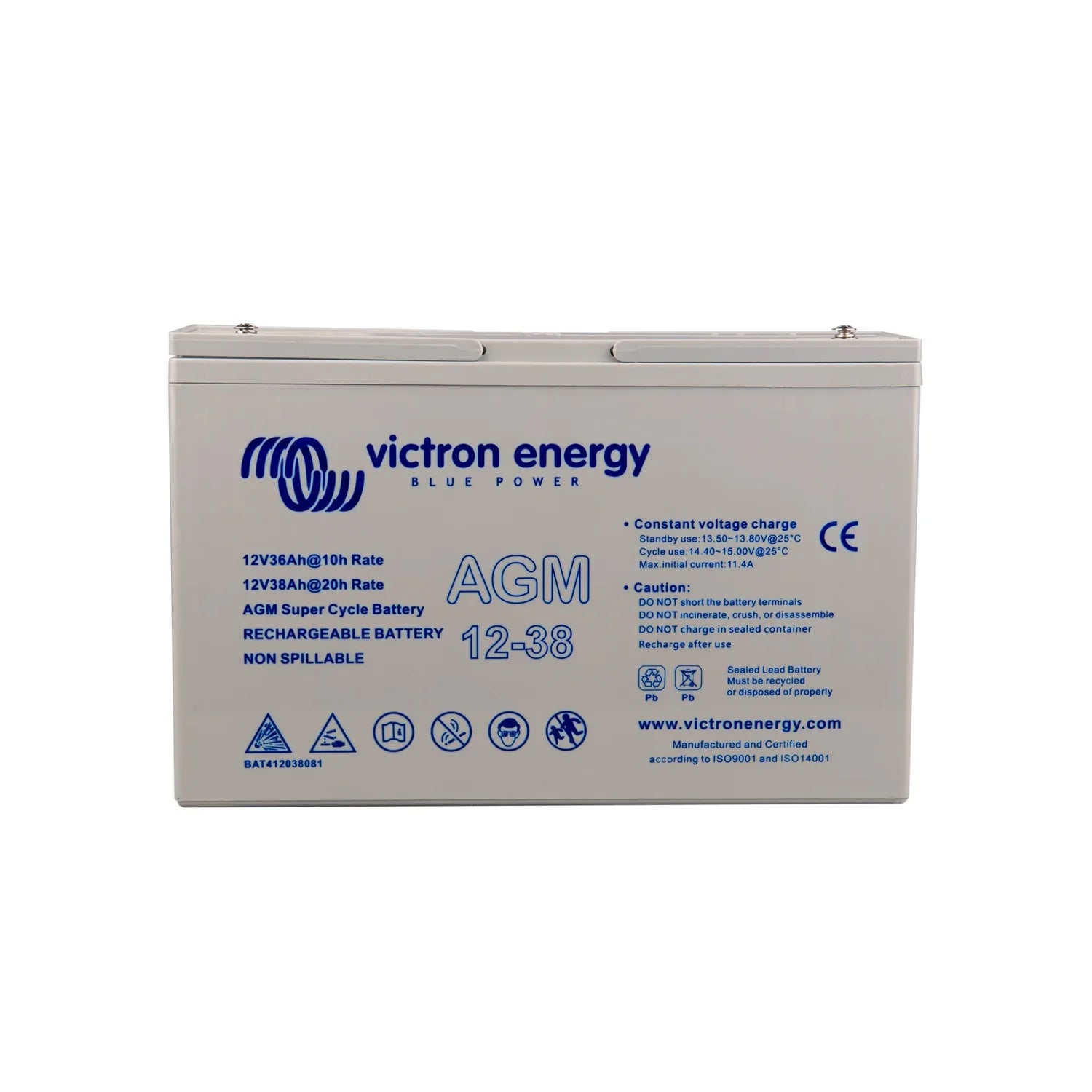 Victron Energy 12-38 AGM rechargeable battery with blue and white label showing specifications and safety warnings.