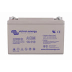 Victron Energy 12V 110Ah AGM deep cycle rechargeable battery with blue logo and safety certifications on gray case.