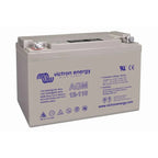 Victron Energy AGM 12-110 rechargeable deep cycle battery with blue branding and terminals visible on top.