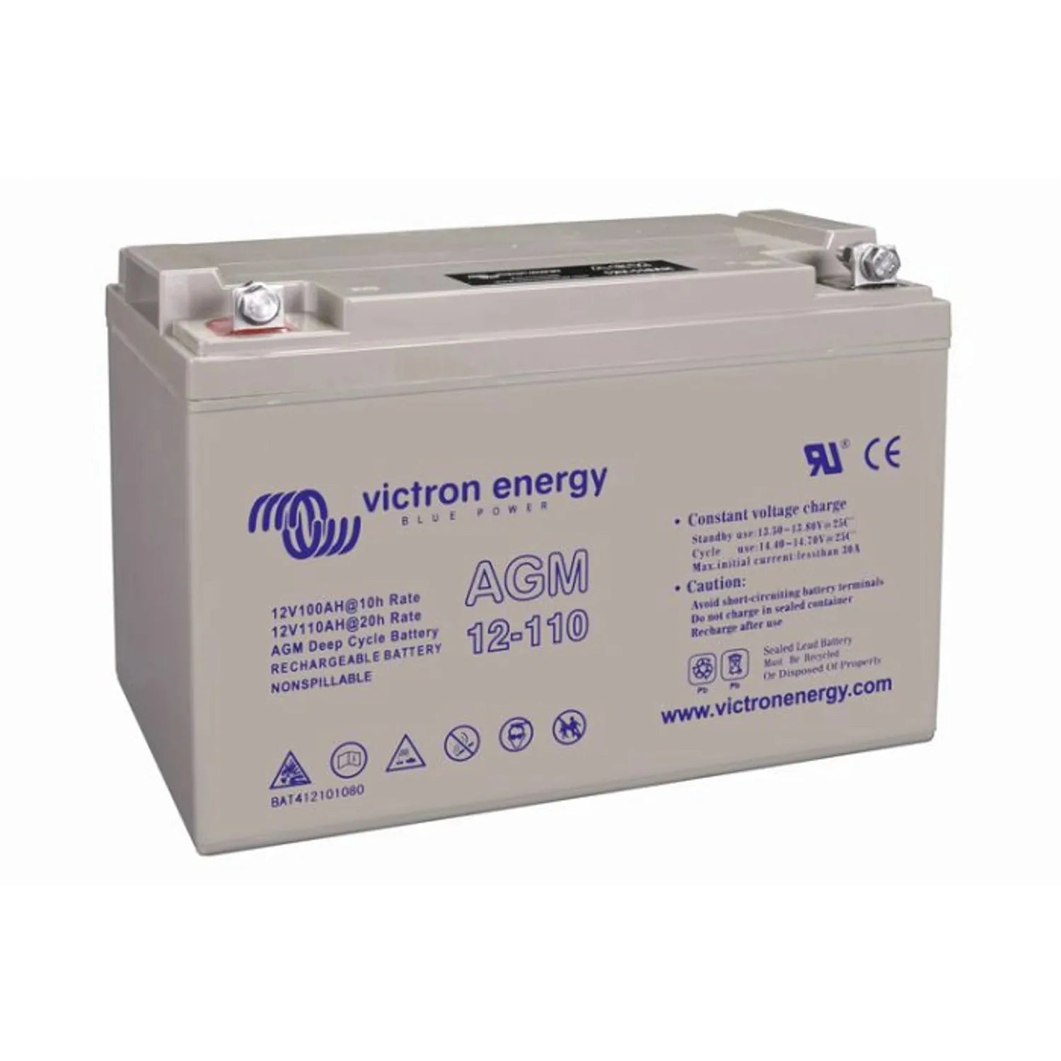 Victron Energy AGM 12-110 rechargeable deep cycle battery with blue branding and terminals visible on top.