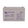 Victron Energy AGM 12-110 deep cycle battery, beige rectangular case with blue branding and terminal posts visible.