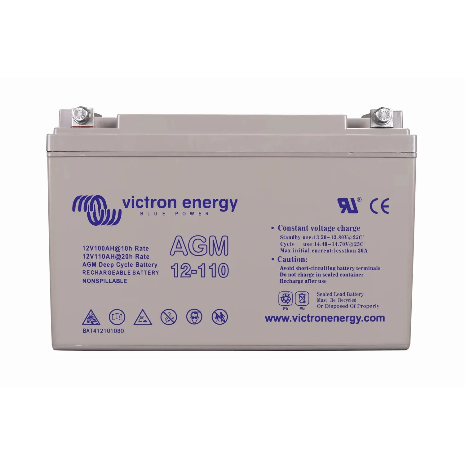 Victron Energy AGM 12-110 deep cycle battery, beige rectangular case with blue branding and terminal posts visible.